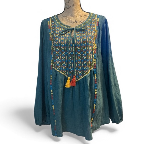 Savanna Jane Top Embroidered Aztec Western Boho Peasant Long Sleeve Top Size 2X - Picture 1 of 6